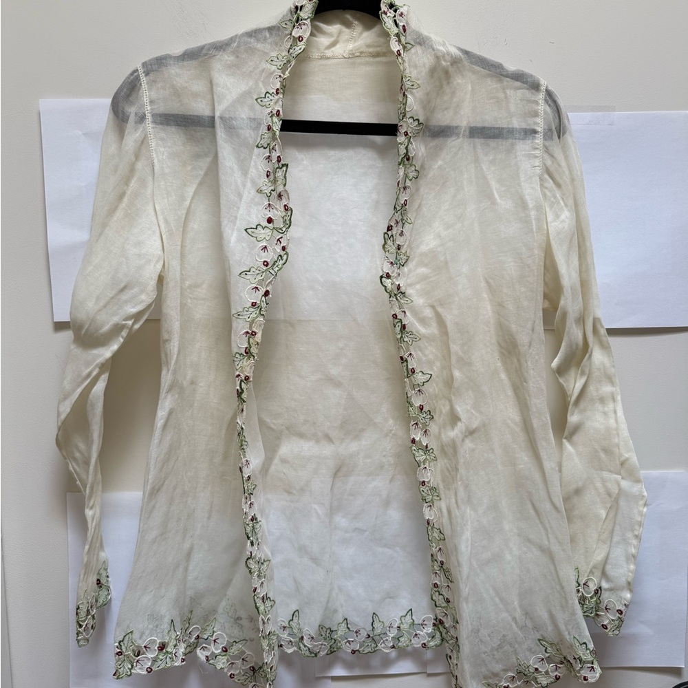 Vintage Sheer Linen Top with Eyelet Trim in Green & Burgundy. Size Small.